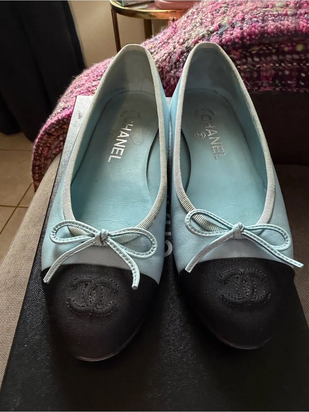 Chanel Two Tone Leather Ballet Flats Light Blue Black CC Bow Shoes 36.5